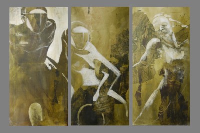 triptychon in Acryl mit drei abstrahiert hellen Tänzern vor olivgrünem Hintergrund